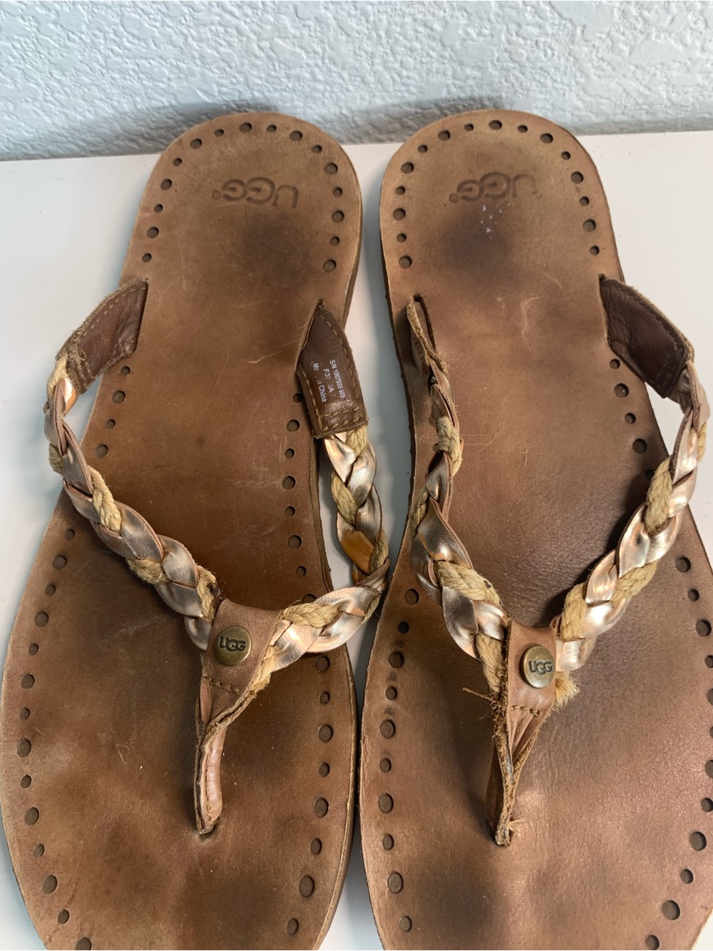 UGG Women's Tan Braided Leather Thong Sandals